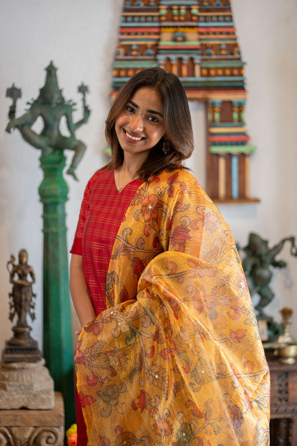 AA308 Red Triple Checks Pure Raw Silk Kurti & pant with Yellow Crush silk Organza Dupatta with Mirror work & floral Penkalamkari prints