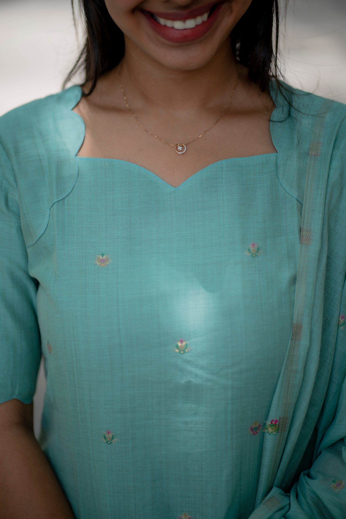AA081 Blue Floral Jamdani Silk Kurti with Dupatta