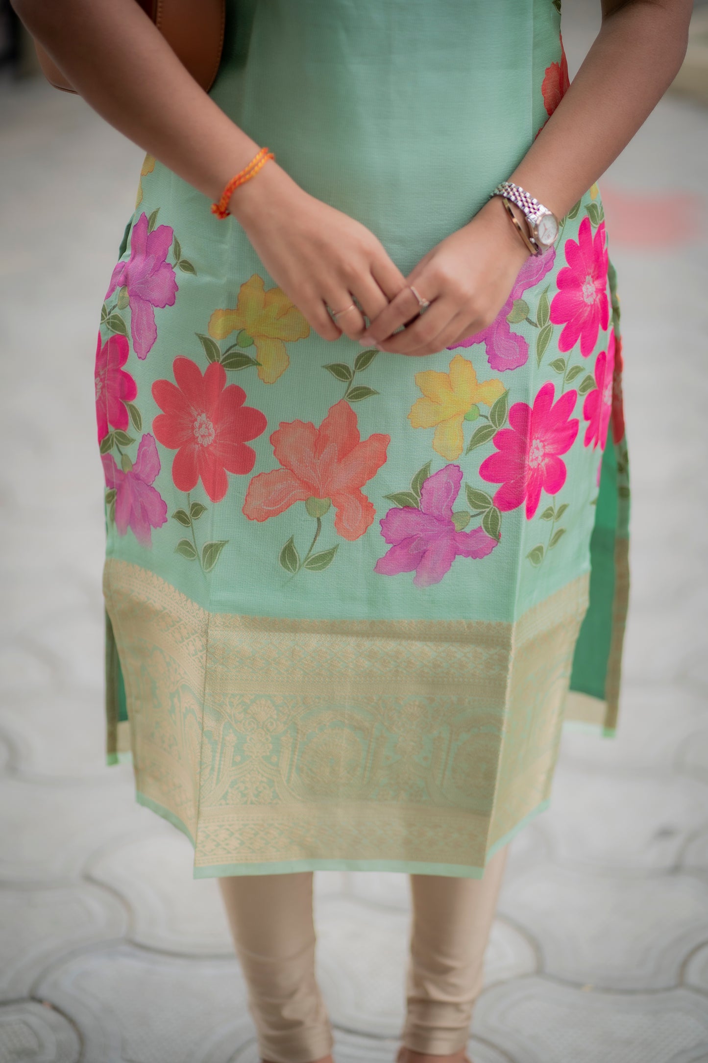 AA154 Pastel Green Floral Tissue Silk Kurti