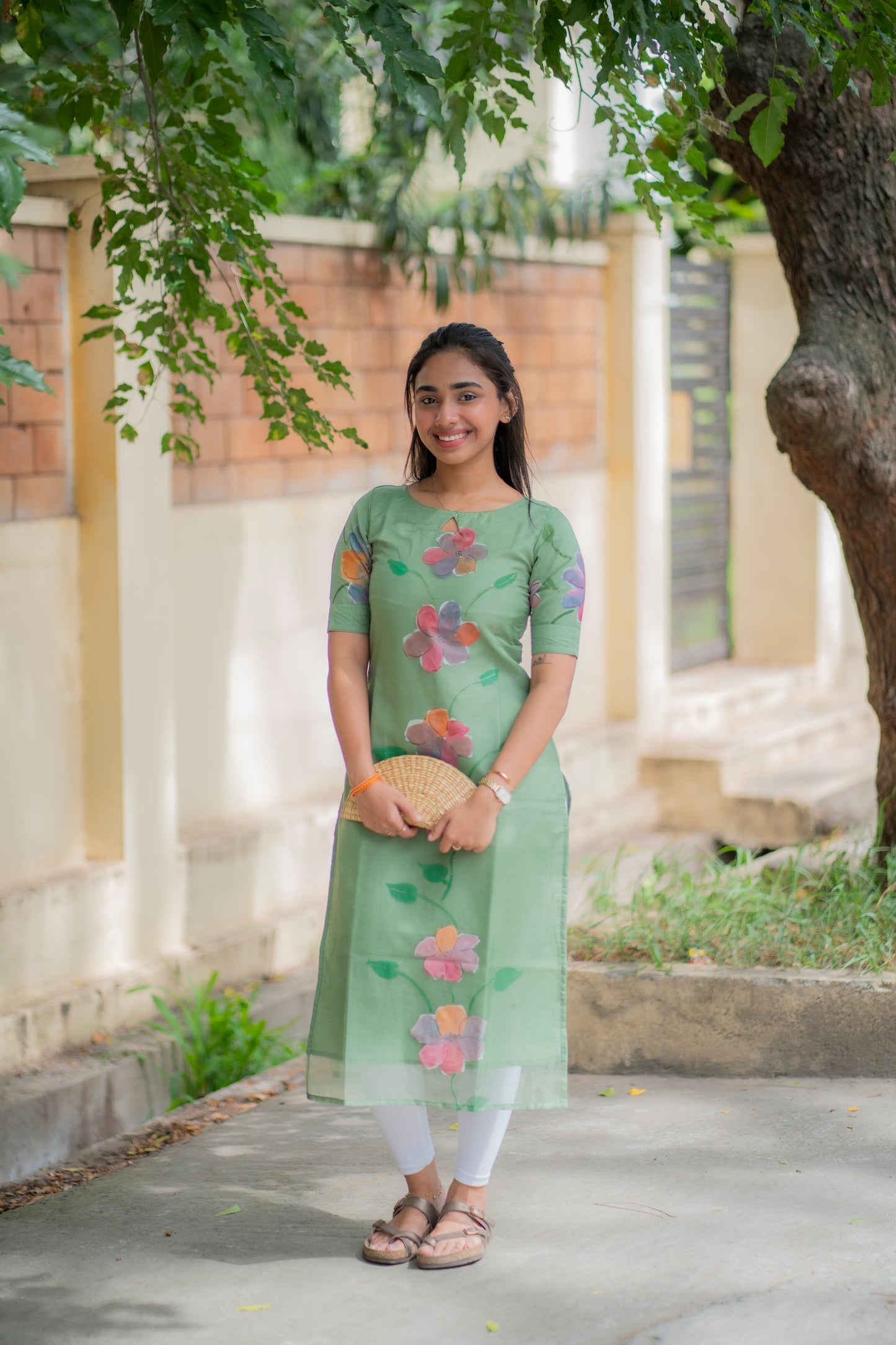 AA096 Pastel Green Floral Organza Kurti