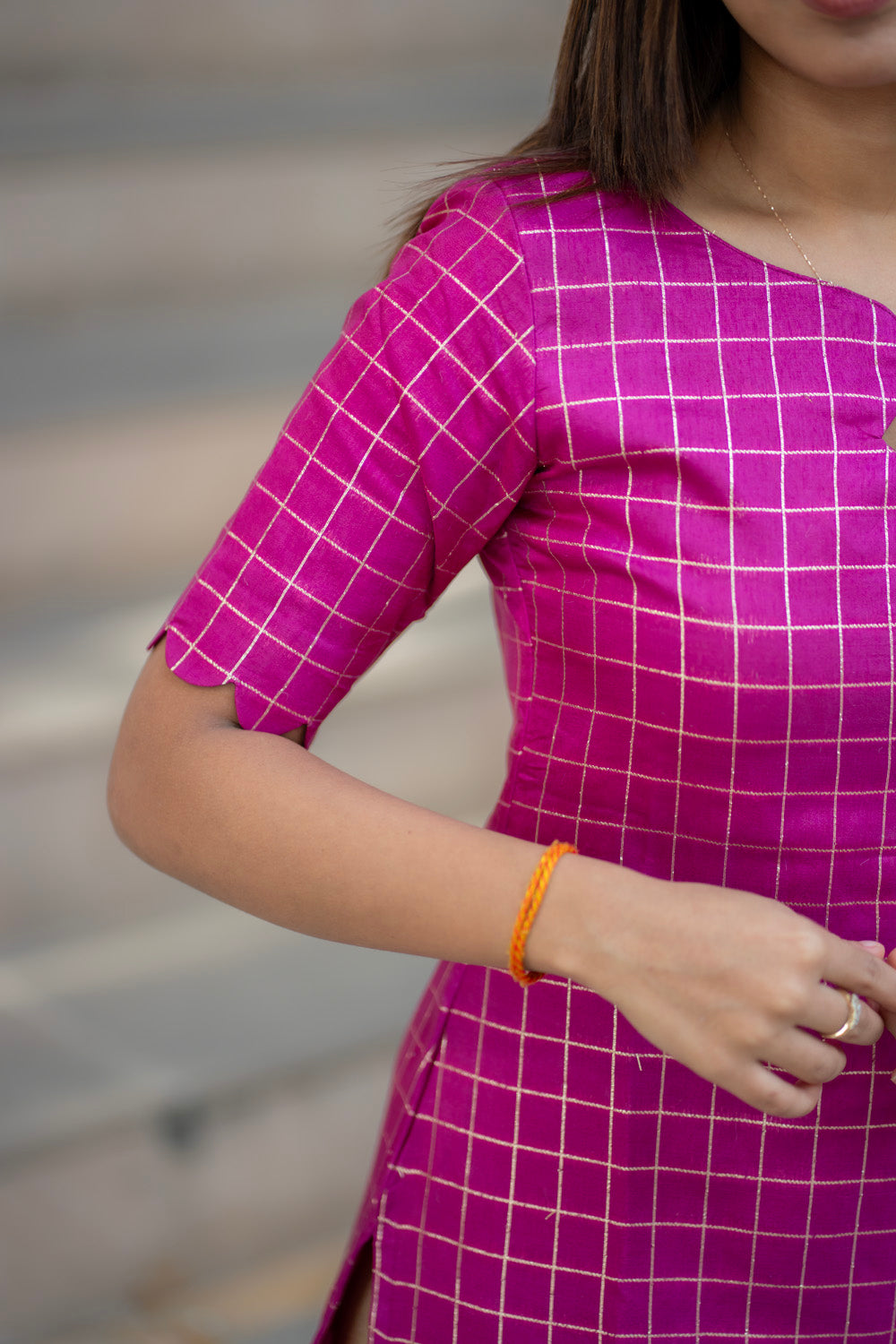 AA278 Magenta Pink Checks with Temple Border Dolla Silk Kurti with Golden Tissue Silk Dupatta