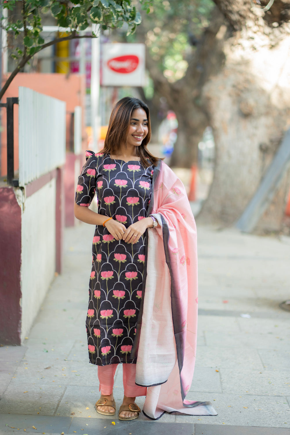 AA275 Black With Pink Lotus Kollam Silk Salwar set