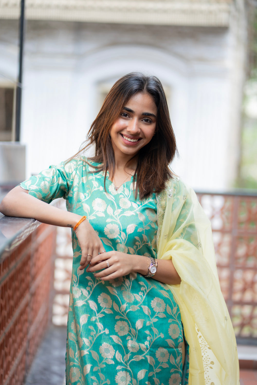 AA285 Turquoise Blue Brocade Silk Kurti With Yellow Shimmer Designer Dupatta