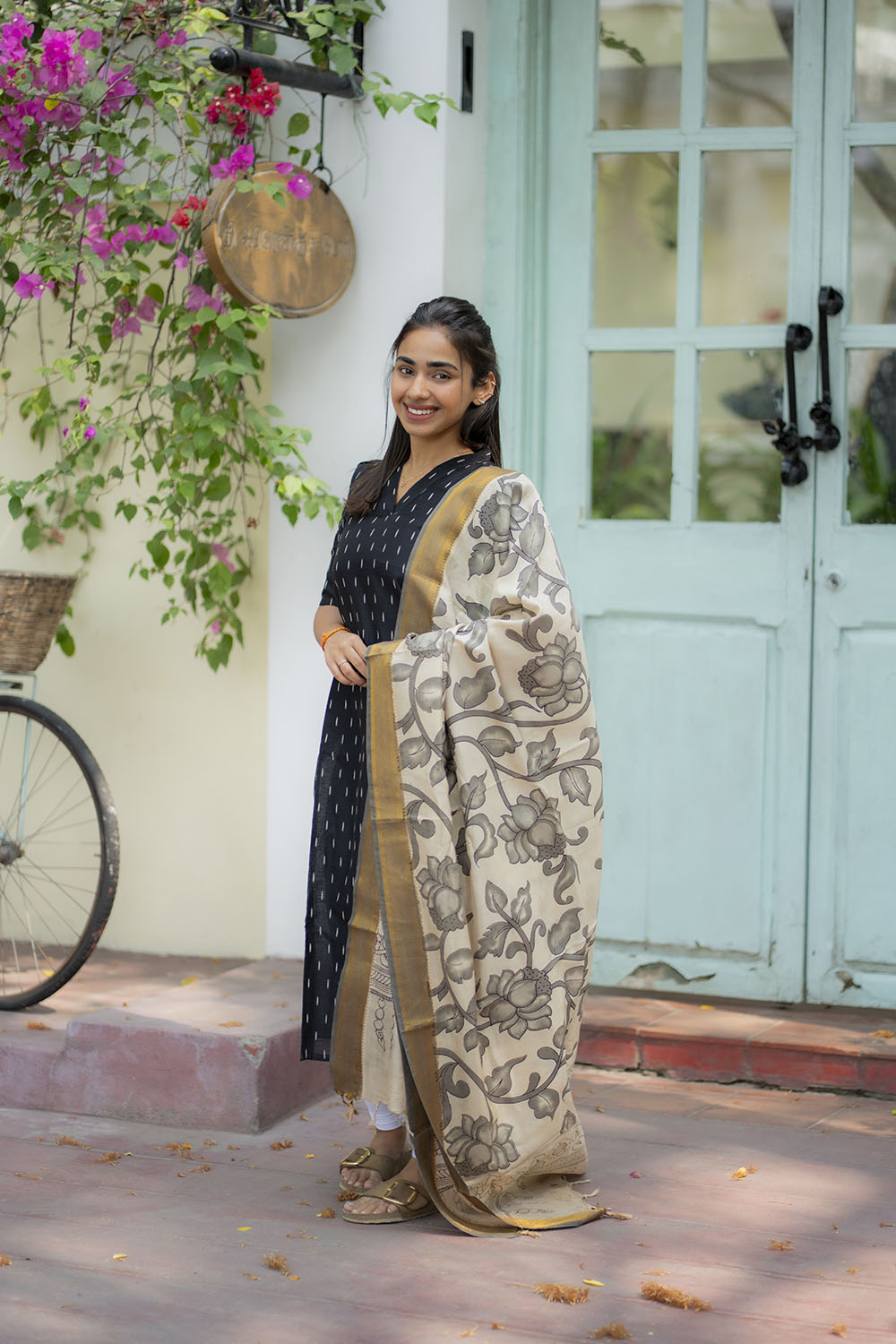 AA205 Black Raw Silk Kurti with Kalmkari Dupatta