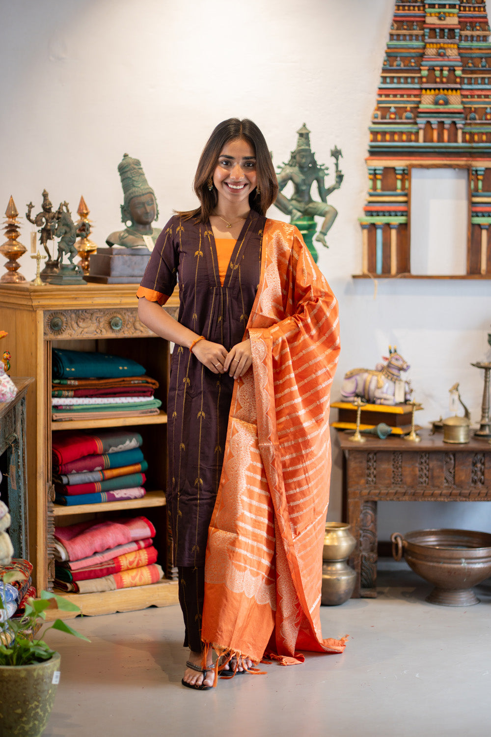 Brown Parrot Print Raw Silk Kurti & Pant  with Orange Jacquard  Silk Dupatta (Neck & Sleeve Patched with Orange Silk Fabric)