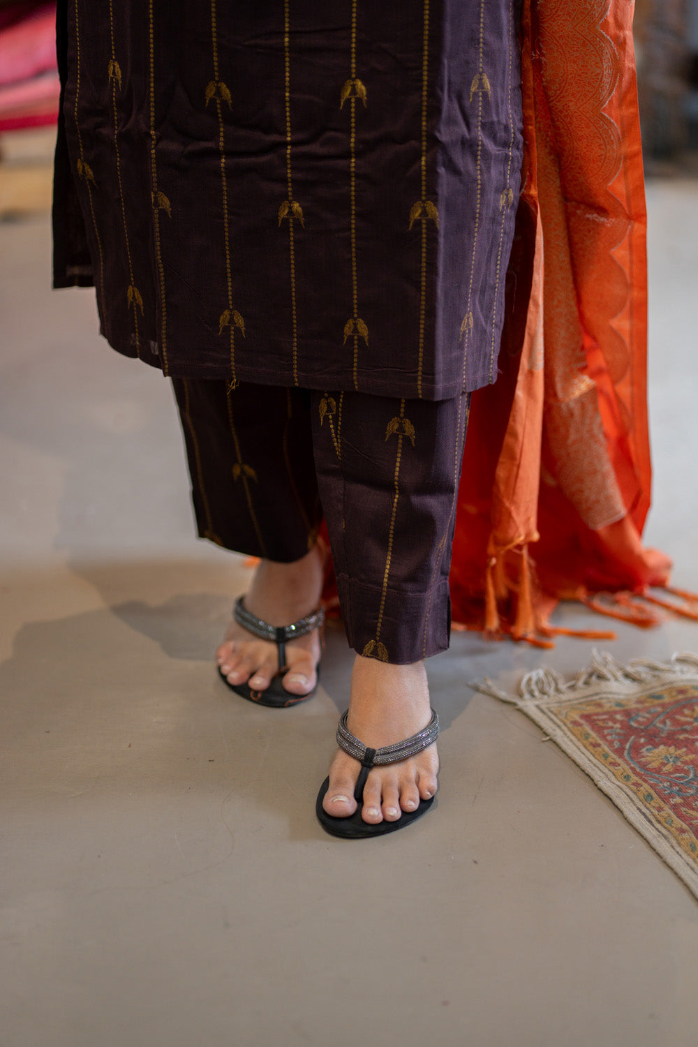Brown Parrot Print Raw Silk Kurti & Pant  with Orange Jacquard  Silk Dupatta (Neck & Sleeve Patched with Orange Silk Fabric)
