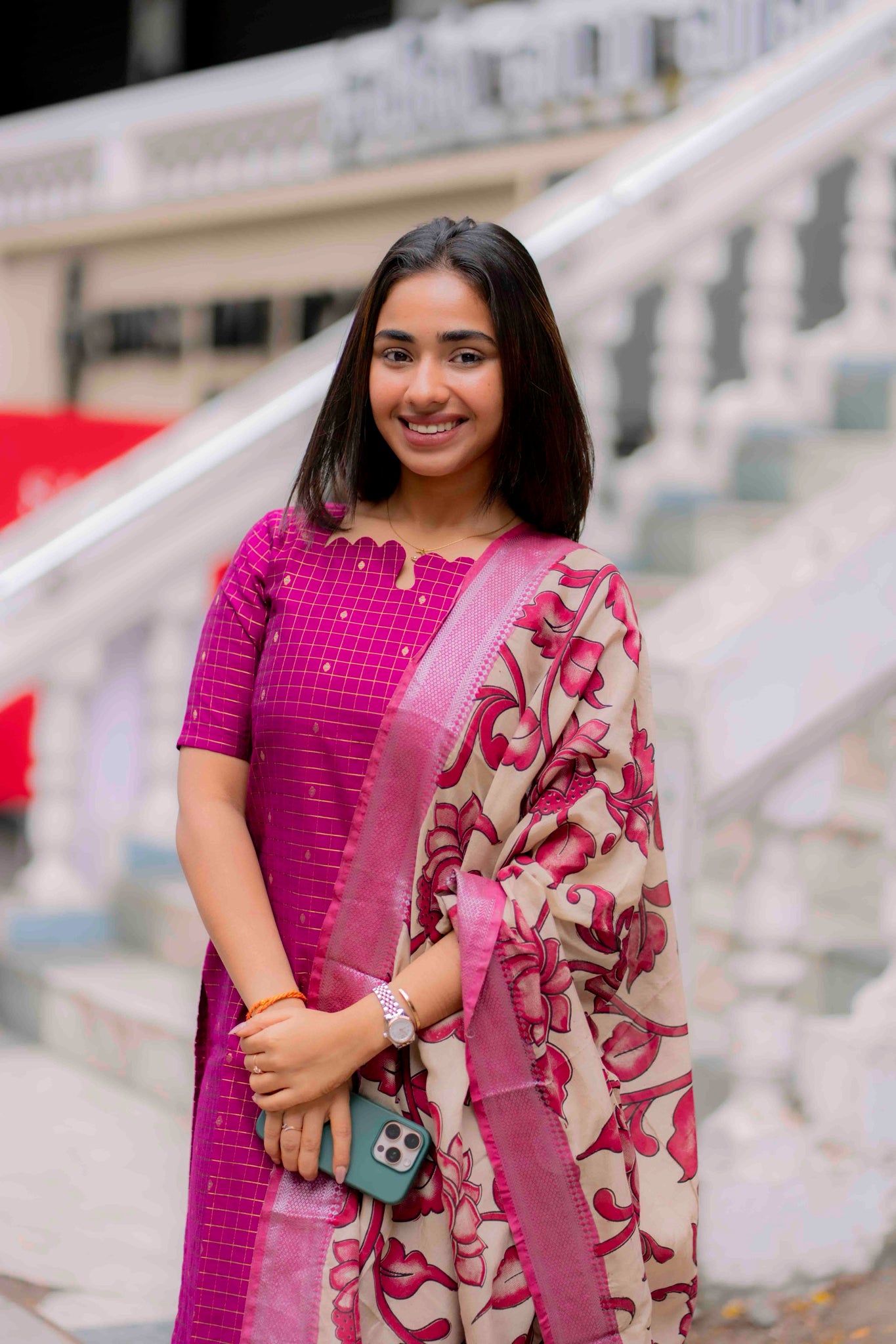 AA198 Dark Pink Raw Silk Kurti with Kalmkari Dupatta