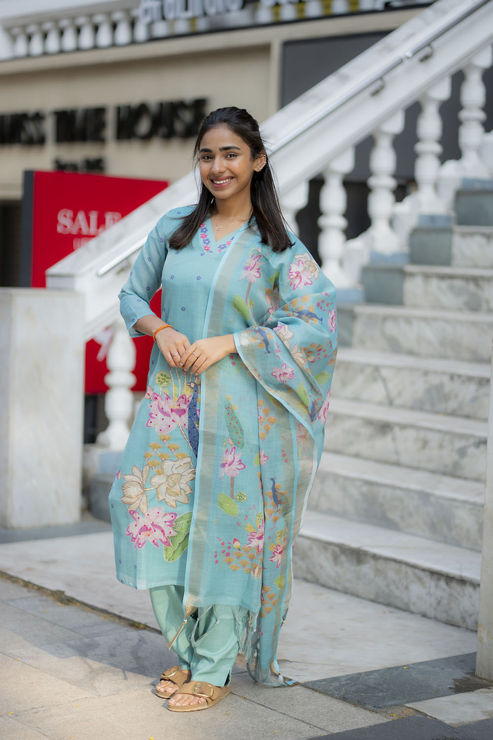 AA210 Blue Linen 3 Pc Salwar Set with Peacock & Floral Design