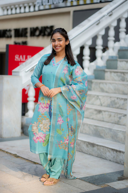 AA210 Blue Linen 3 Pc Salwar Set with Peacock & Floral Design