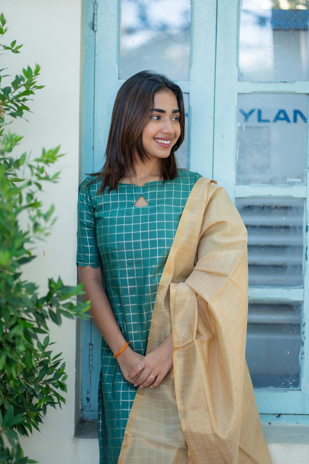 AA266 Bottle Green Checks with Temple Border Dolla Silk Kurti with Golden Tissue Silk Dupatta
