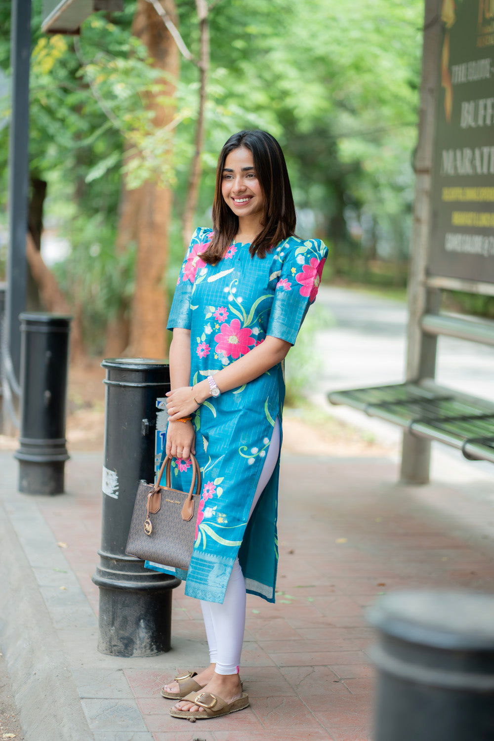 AA276 Peacock Blue Checks With Pink floral Mangalgiri Silk Kurti with Jacquard Border