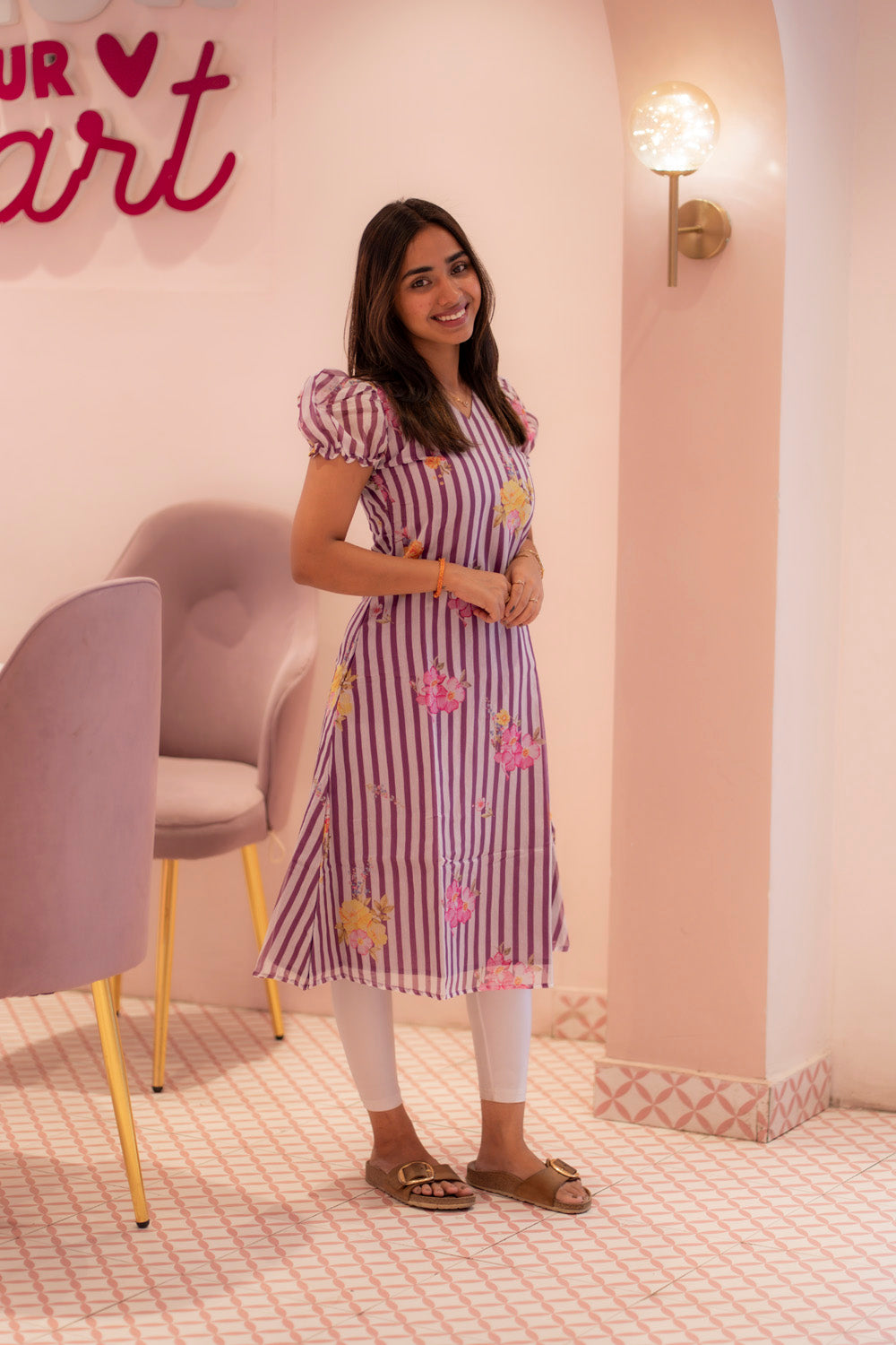 AA225 Lavender Mul Chanderi Lines Flower print Aline Kurti