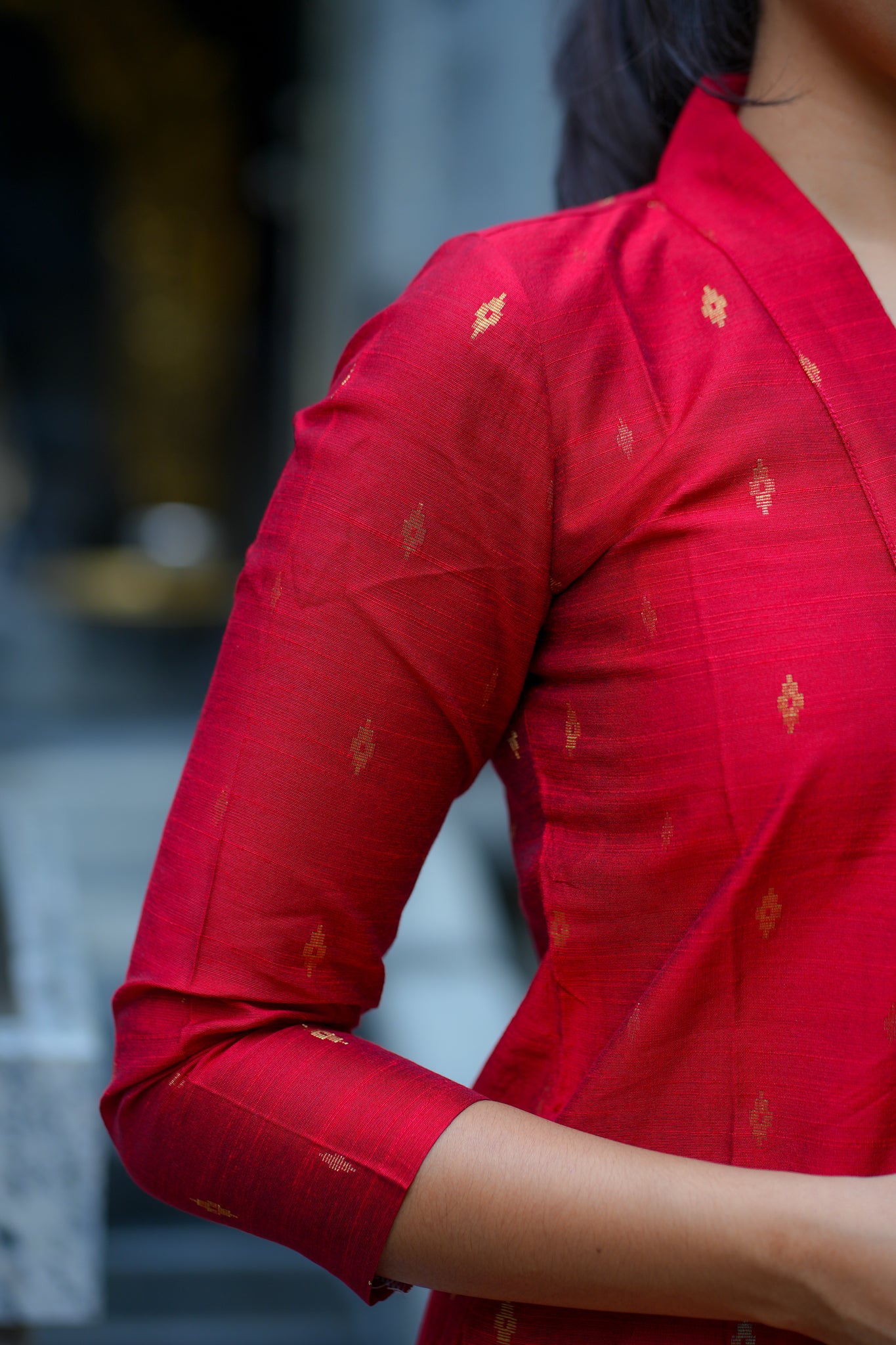 AA120 Cherry Red Raw Silk Kurti & Pant with Kota Dupatta (3 pc Set)