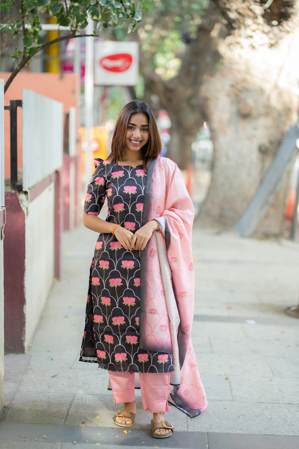 AA275 Black With Pink Lotus Kollam Silk Salwar set