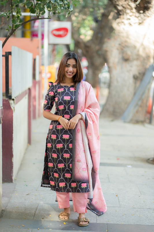 AA275 Black With Pink Lotus Kollam Silk Salwar set
