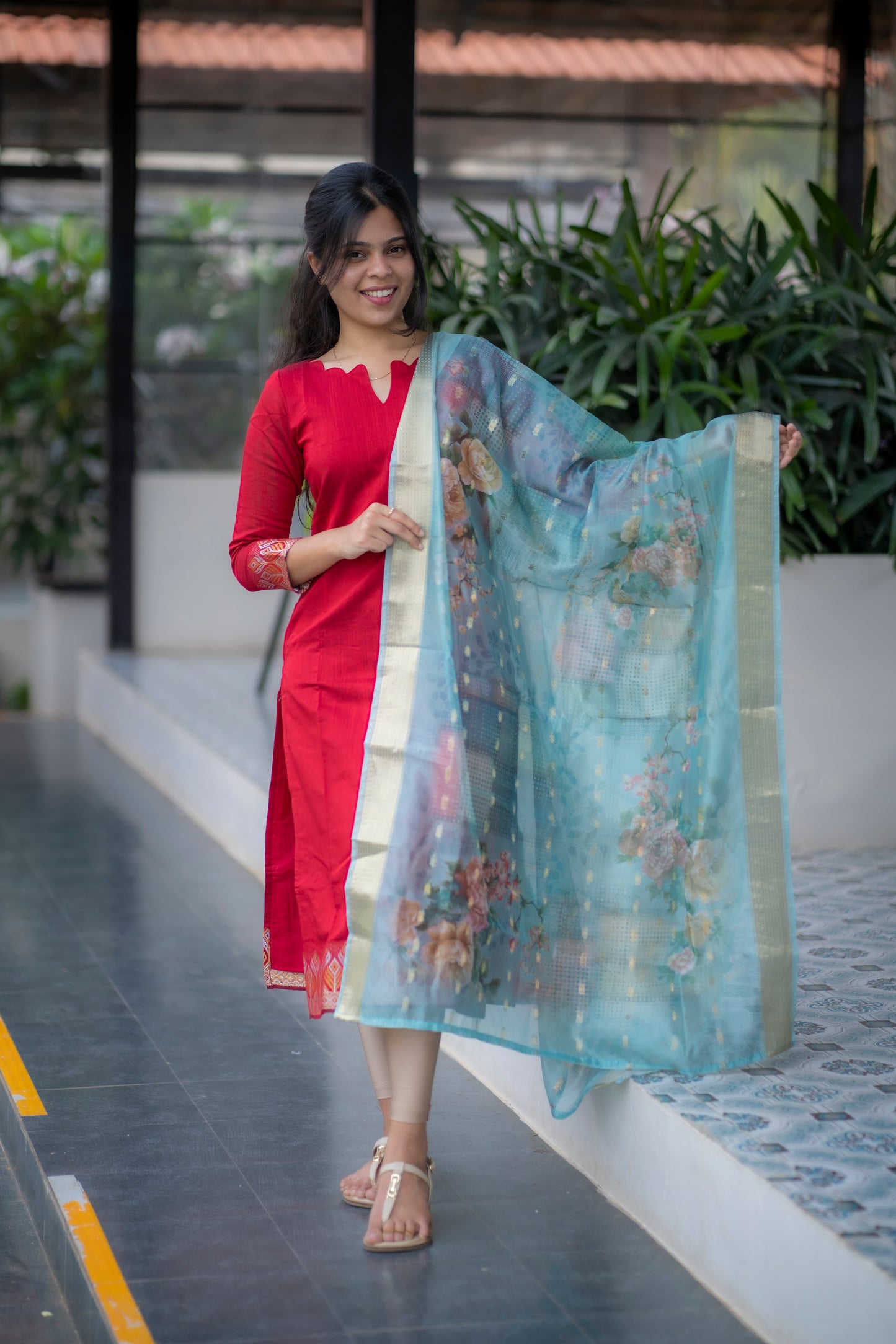 AA066 Red Silk Top with Blue Organza Shawl
