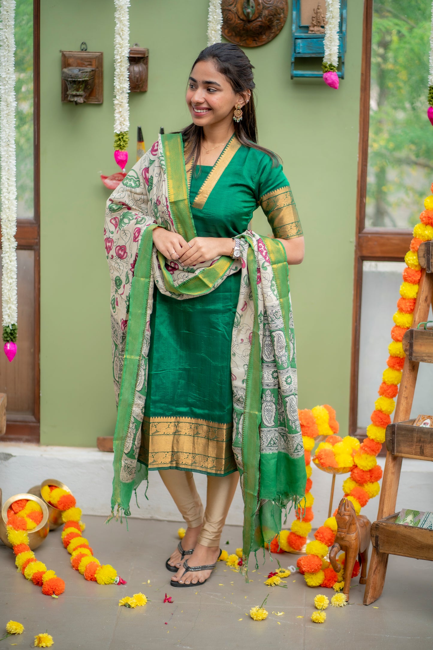 AA150 Dark Green Pure Mangalagiri Silk Kurti with kalamkari Dupatta