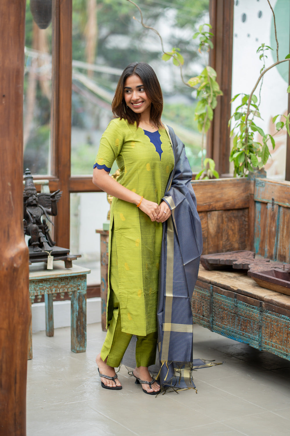Parrot Green Raw Silk Kurti & Pant with Golden Floral Motifs Paired with Blue Zari Checks Dupatta(Neck & Sleeve patched with Blue semi raw Silk Fabric)