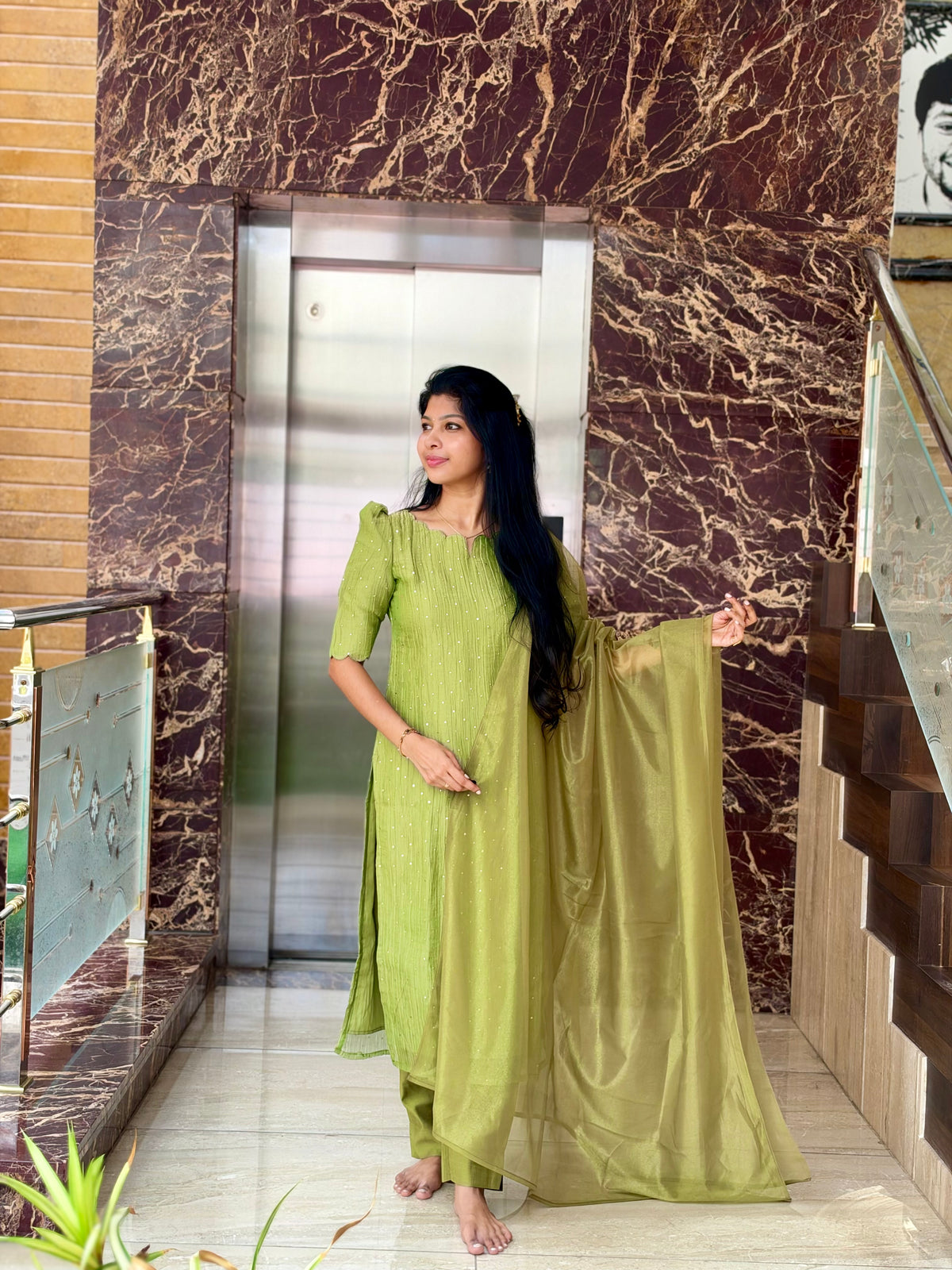 Pista Green Crush Silk Salwar Set with Shiny Tissue Silk Dupatta(crepe Lining)