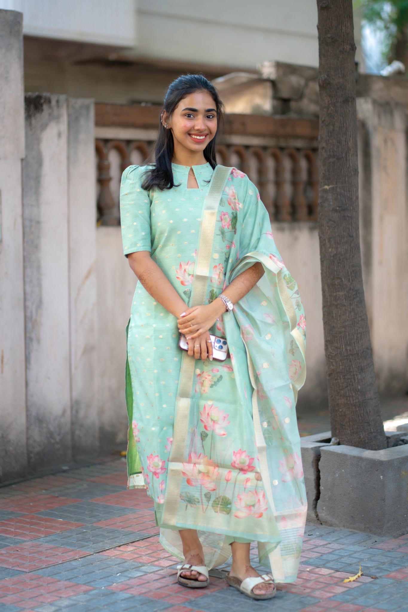 AA139 Green Lotus Shimmer Silk with Banarasi Weaving 3 Pc Set