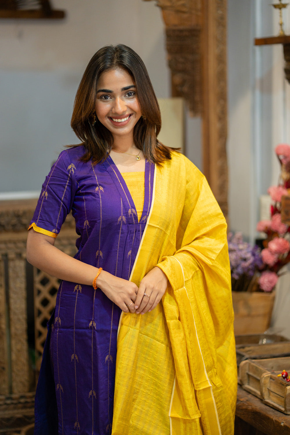 AA309 Violet Parrot Print Raw Silk Kurti & Pant  with Yellow Silk Dupatta (Neck & Sleeve Patched with Yellow Silk Fabric)