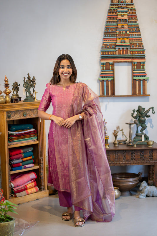AA303 Purplish Pink Crush Silk Salwar Set with Shiny Tissue Silk Dupatta(crepe Lining)