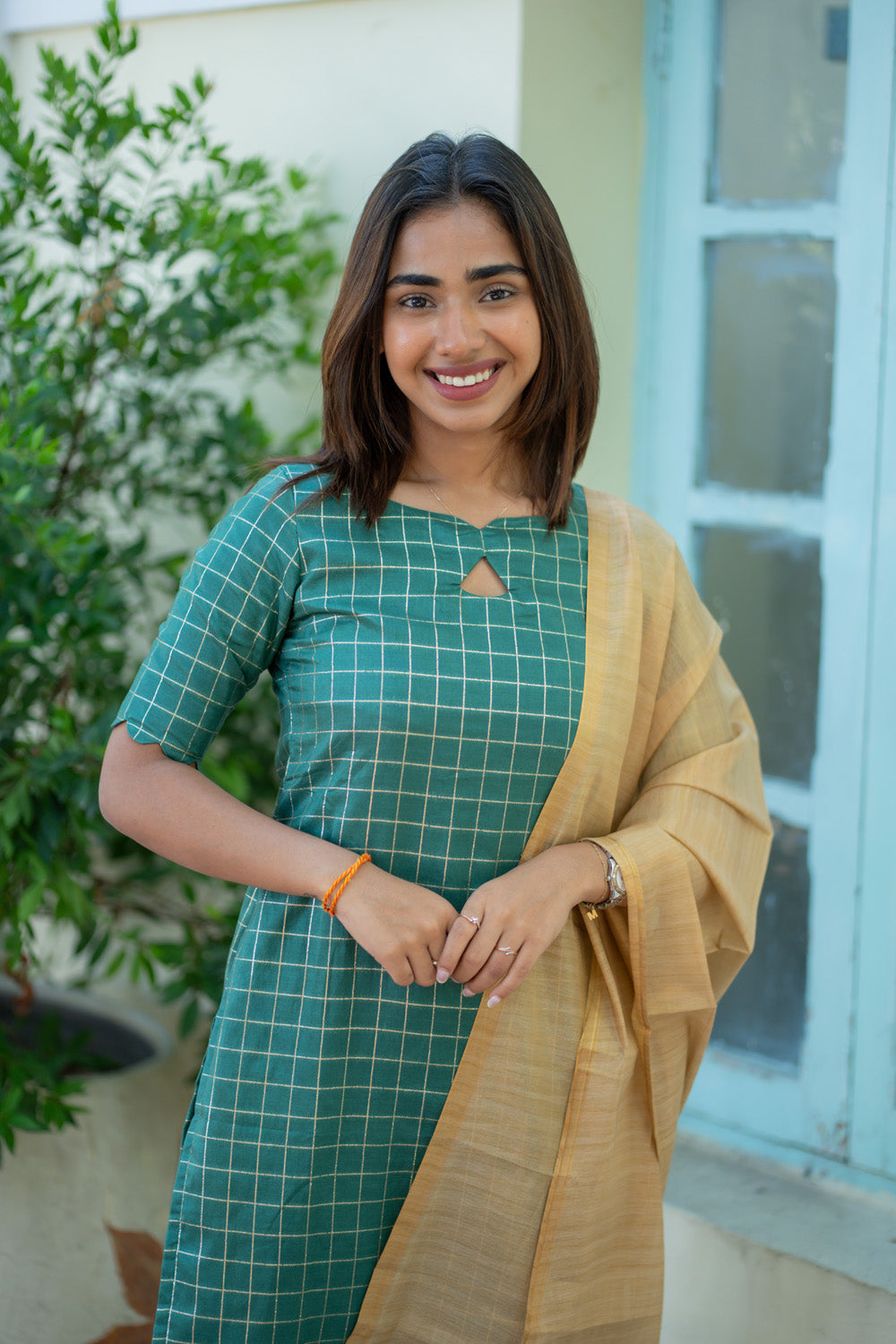 AA266 Bottle Green Checks with Temple Border Dolla Silk Kurti with Golden Tissue Silk Dupatta