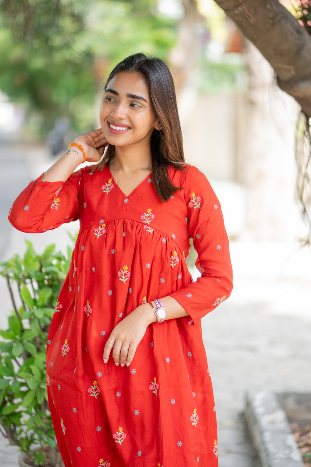 AA260 Rust Orange Mul Chanderi Alia Cut Dress