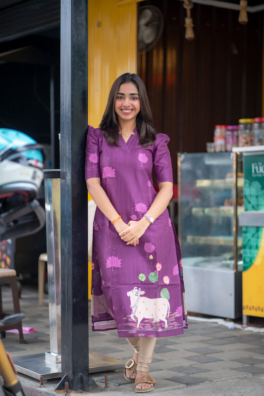 AA156 Wine Pichwai Tussar Silk Kurti