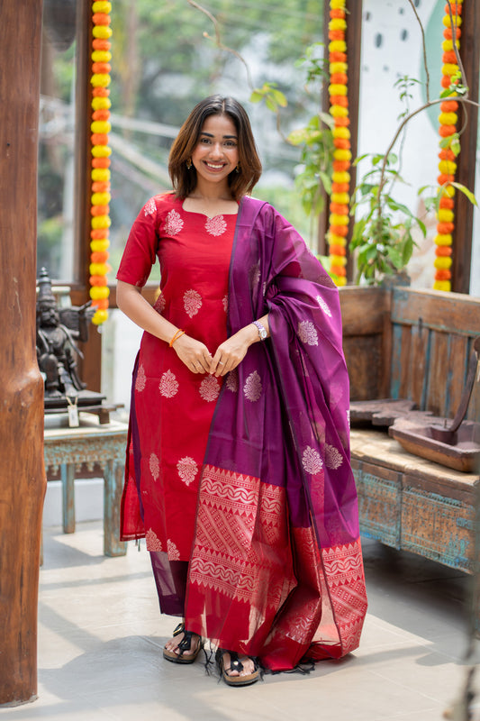 AA310 Red with Violet Combo Silk Cotton Salwar Set(with Silver Jari Design)(provided lining for top & pant)