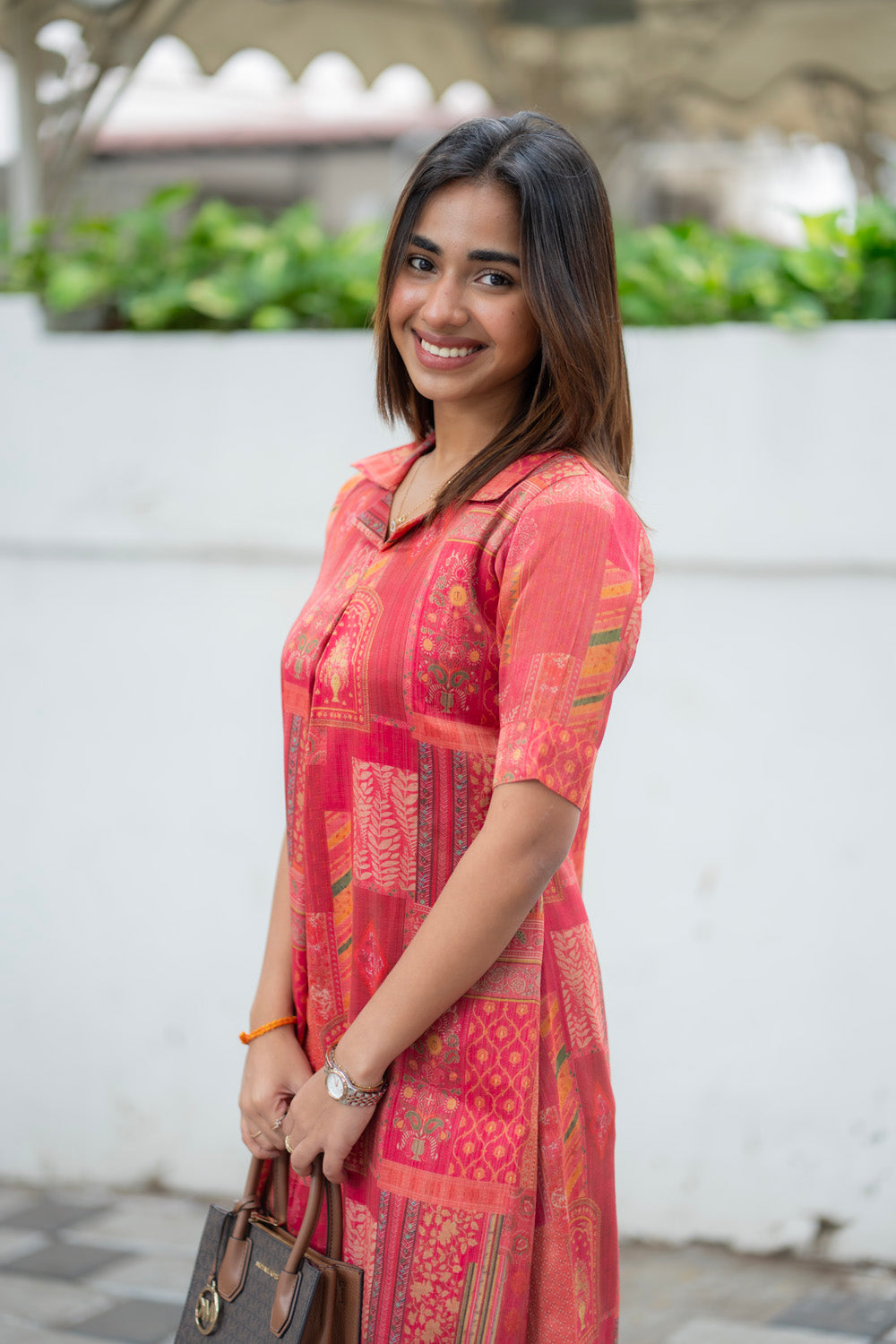 AA288 Coral Red with Multi Prints Shimmer Silk Aline Kurti