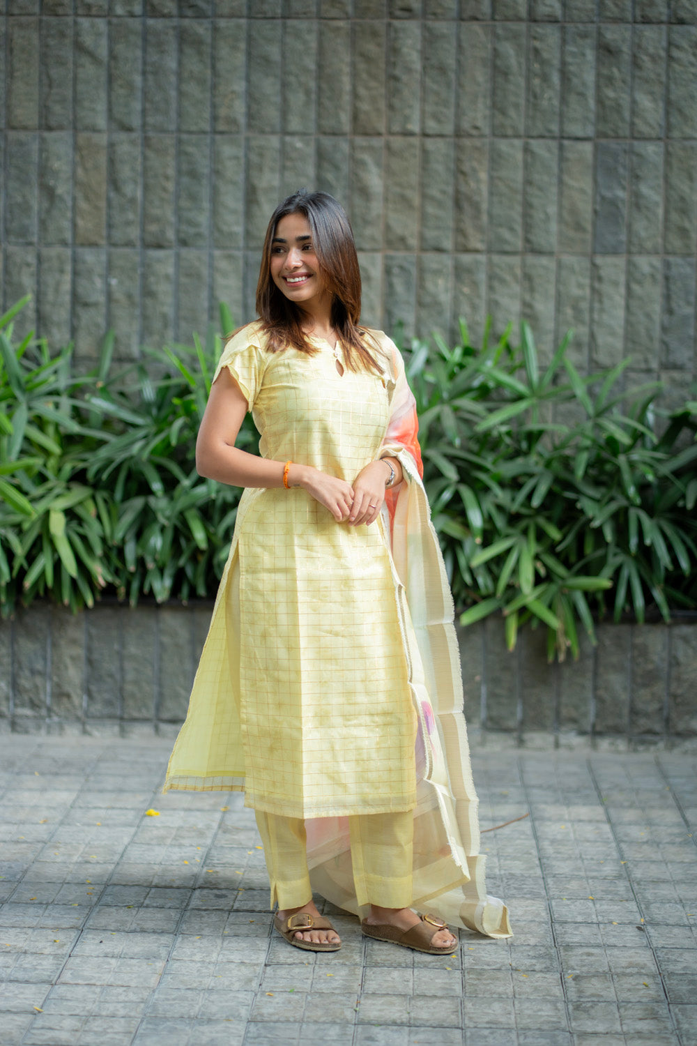 AA271 Yellow Checks Digital Silk Salwar