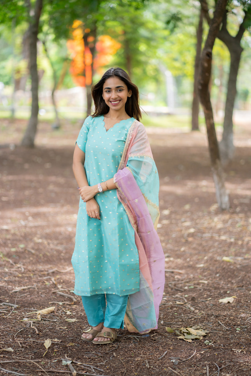 Blue Designer Silk Top & Pant with Multicolour Dupatta