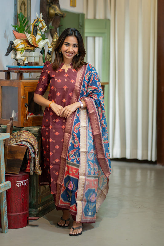 Brown with Blue combo Malai Chanderi Salwar Set with Patola Print Dupatta