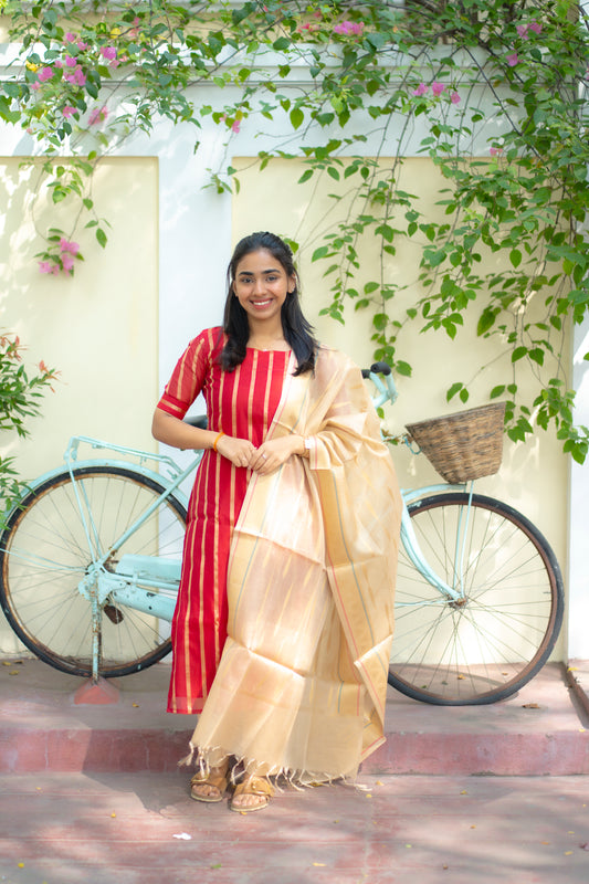 AA145 Red with Golden Banaras 3 PC Set