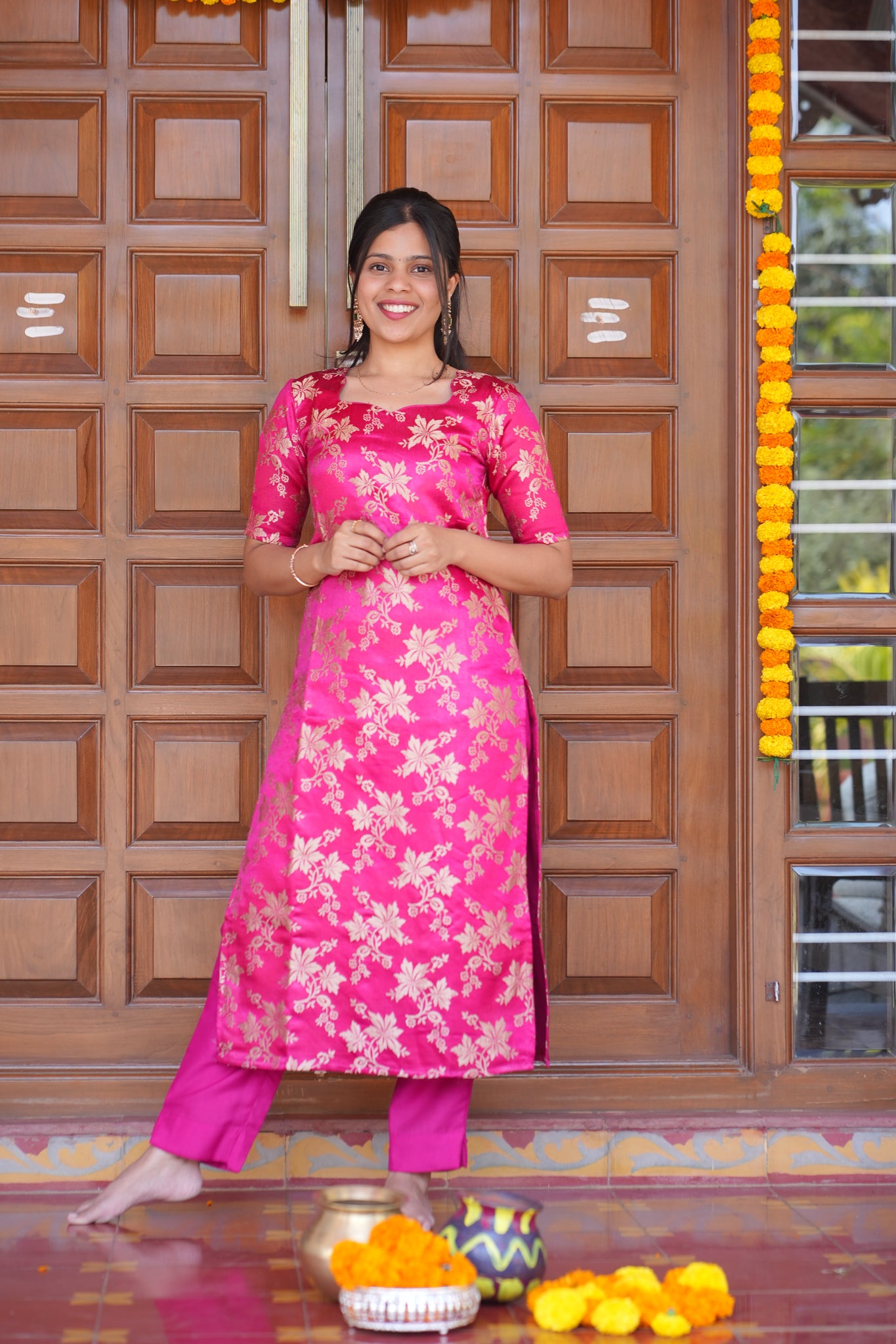 AA155 Bright Pink Brocade Silk Kurti & Pant with Lavender Organza Sequence Dupatta(3 Pc Set)