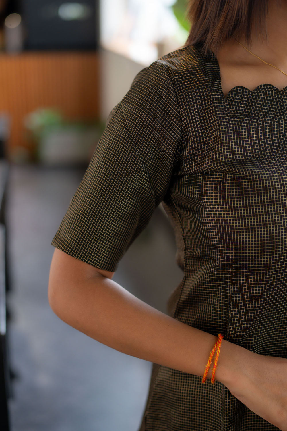 AA248 Black Checks Tissue Silk Kurti with Neon Dupatta
