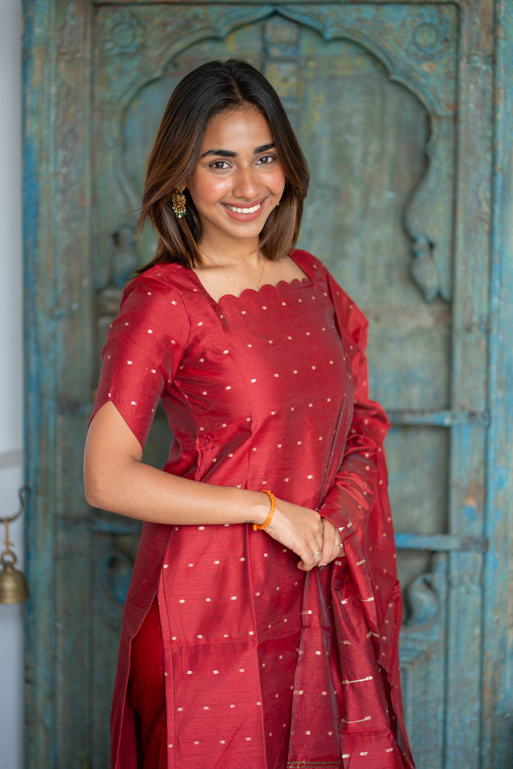 AA304 Plum Red Chanderi Silk Salwar Set with Scallop Neck (Rich & Classy Outfit with Golden Border & Golden Motifs)