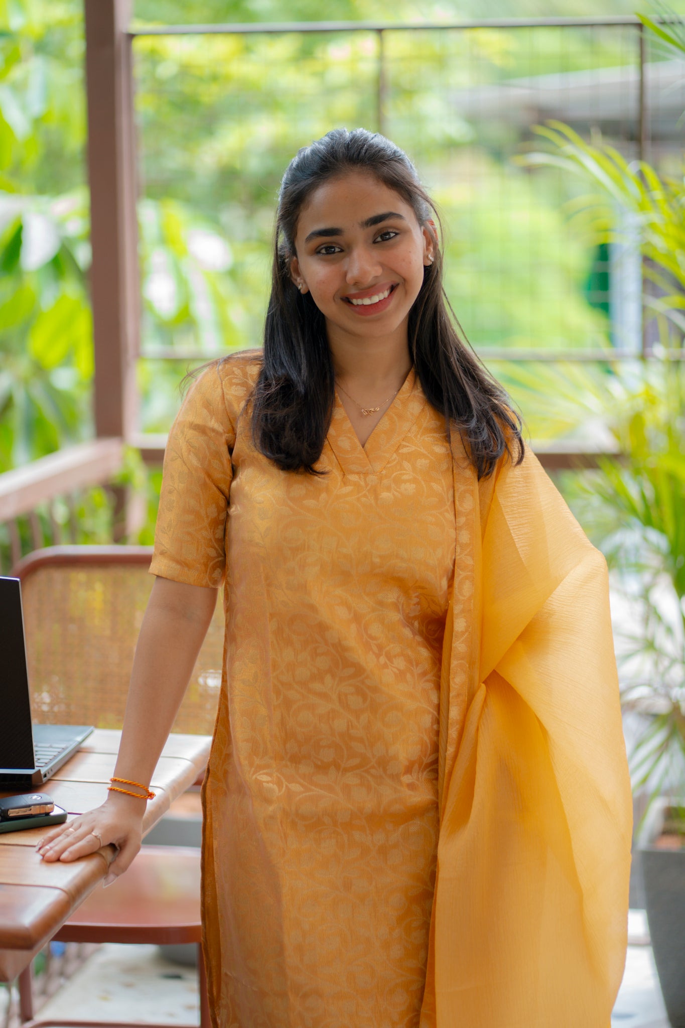 A144 Pastel Orange Floral Brocade Kurti with Crush Silk Dupatta