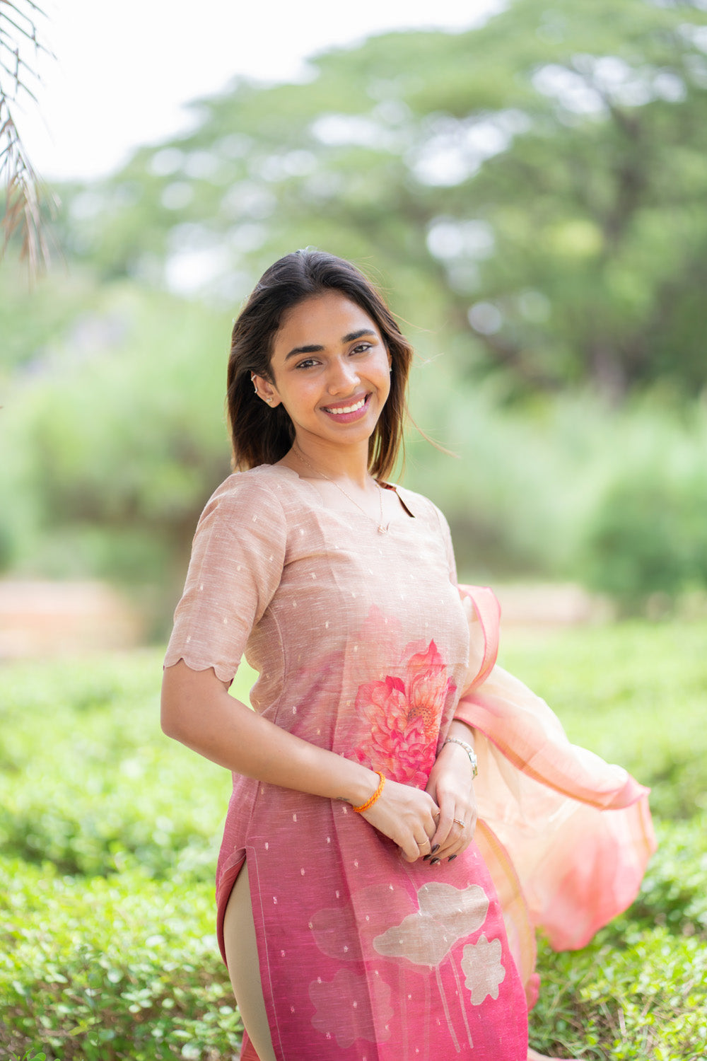 AA298 Beige with Pink Combo Floral Chanderi Tissue Silk Kurti with Dupatta