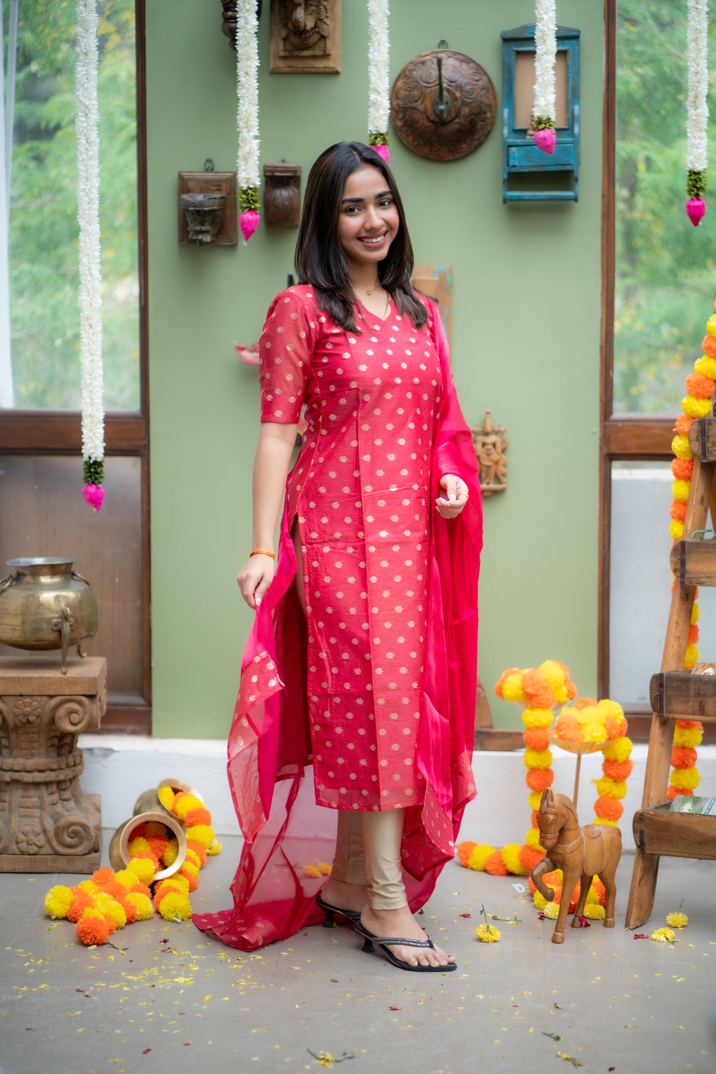 AA147 Rani Pink Chanderi Jacquard Silk Kurti With Shimmer Silk Dupatta