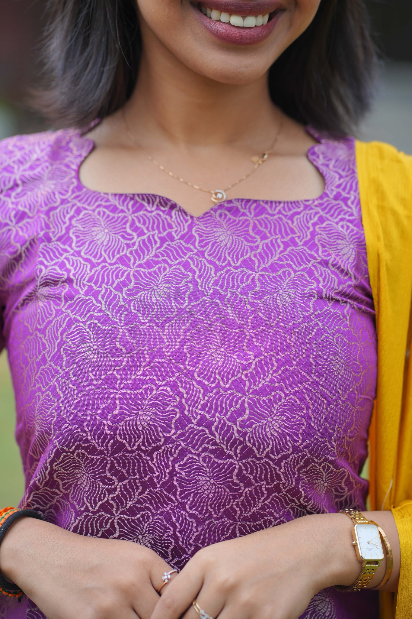 AA115 Purple Art Silk Kurti with Yellow golden Motifs Dupatta