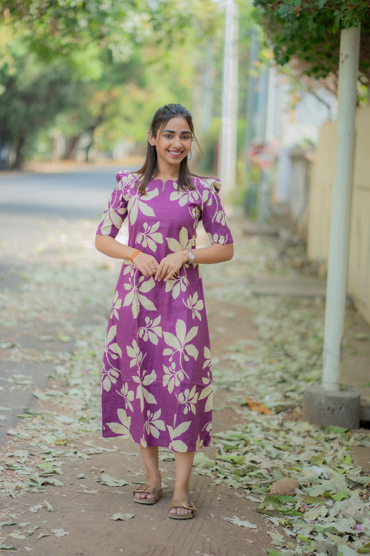 AA236 Purple Floral Cotton Aline Dress