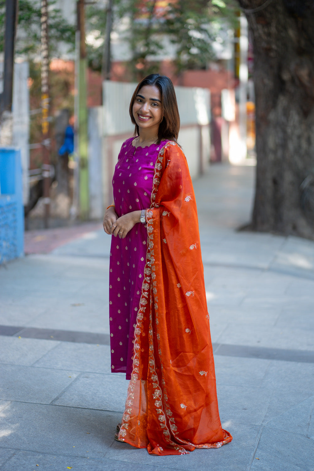AA264 Pink Banarasi Silk Kurti with Rust Orange Silk Dupatta