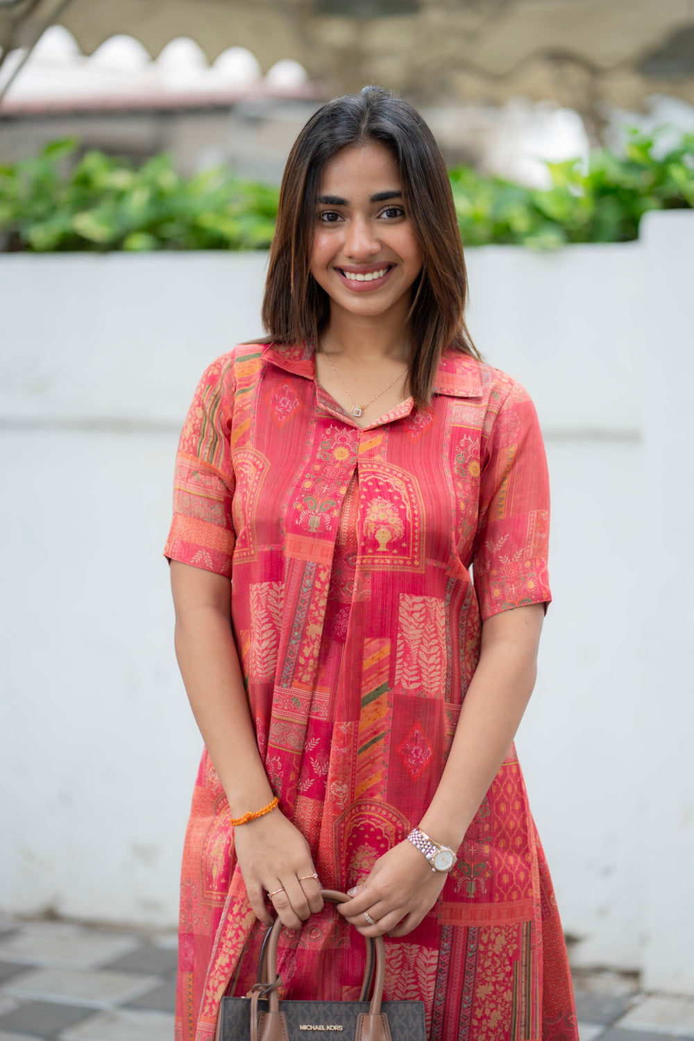 AA288 Coral Red with Multi Prints Shimmer Silk Aline Kurti