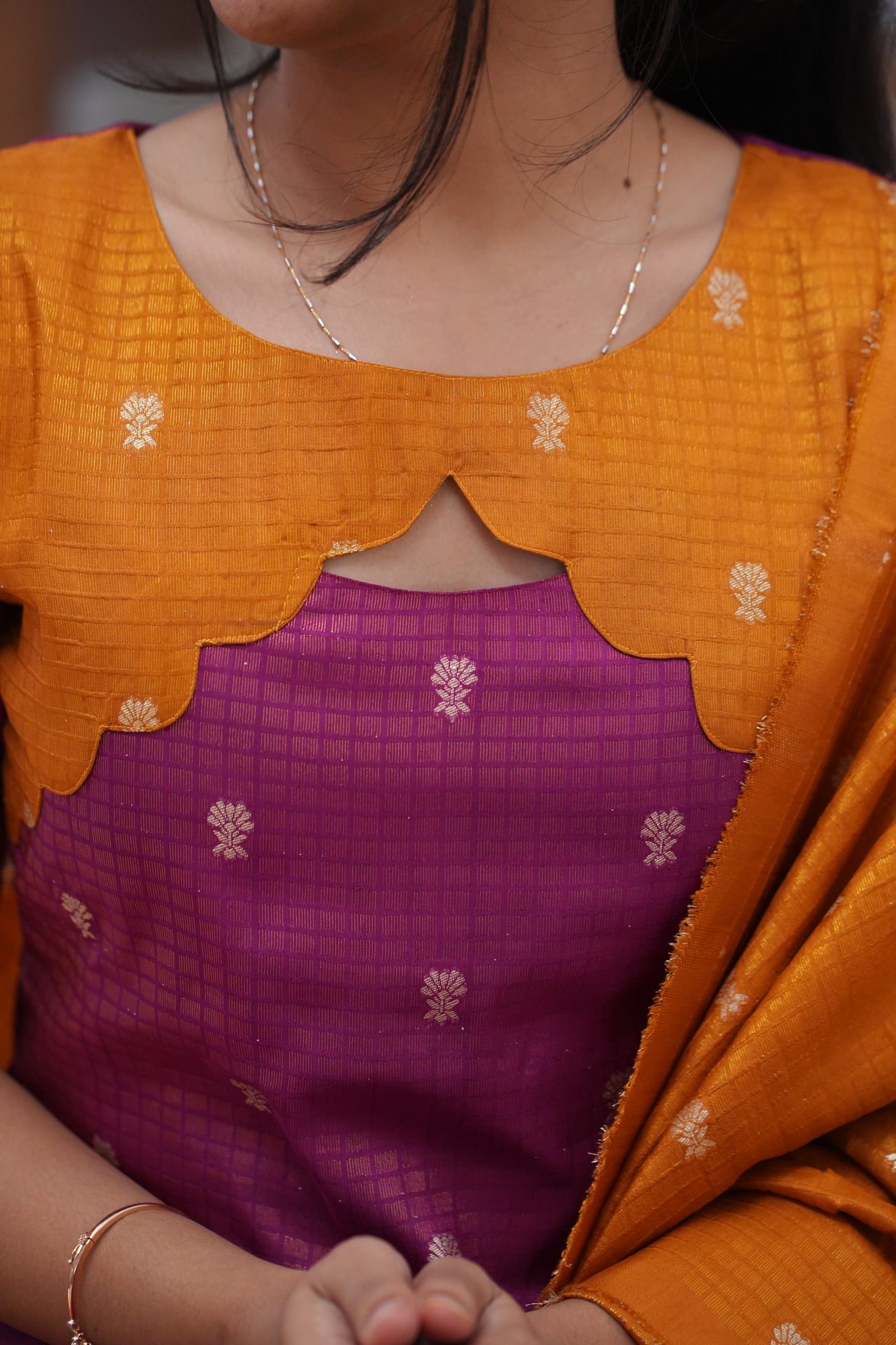 AA159 Violet with Mustard Yellow Combo Dude Silk Kurti with Dupatta