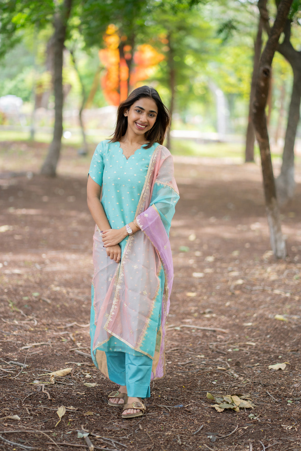 Blue Designer Silk Top & Pant with Multicolour Dupatta