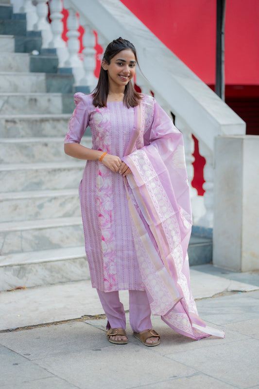 AA235 Lavender Floral Tussar Silk 3 Pc Set