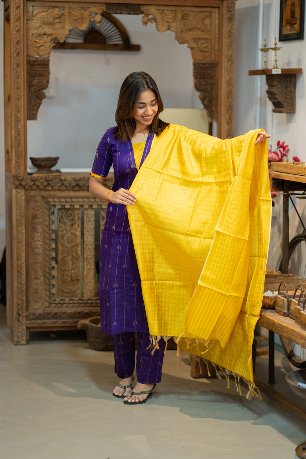 AA309 Violet Parrot Print Raw Silk Kurti & Pant  with Yellow Silk Dupatta (Neck & Sleeve Patched with Yellow Silk Fabric)