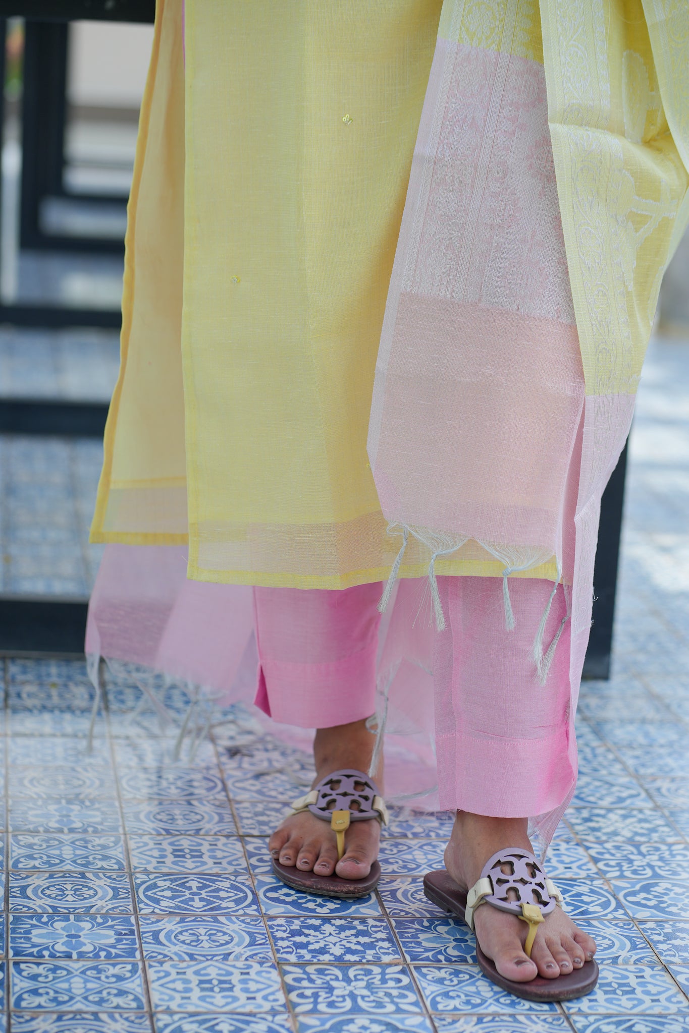 AA127 Pastel Yellow with pink combo Bead Work Tissue Silk 3 Pc Set